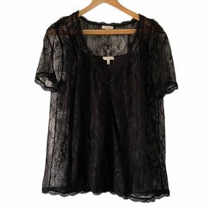 JOIE Black Lace Cap Sleeve Low V Button Top